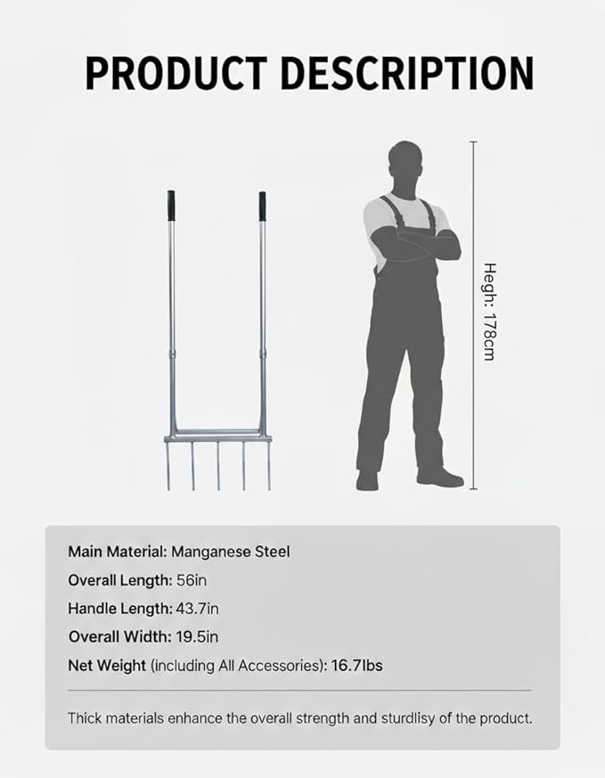 5-Tine Heavy Duty Broadfork, Rust-Resistant Professional Garden Fork with Widened Foot Pedal, High-Strength All-Steel Soil Tiller for Aerating Clay Soil, Easy Assembly Tool for Farming