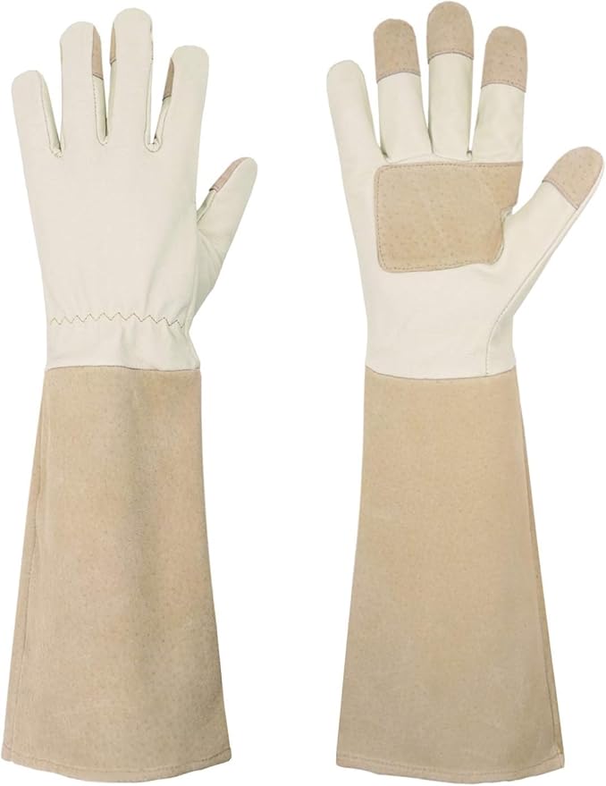 Rose Pruning Gloves for Men & Women, Long Thorn Proof Gardening Gloves, Breathable Pigskin Leather Gauntlet, Best Garden Gifts & Tools for Gardener(Beige White, M)