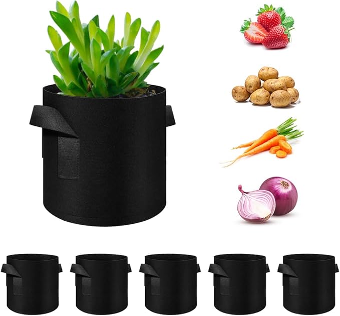 5 Pack 7 Gallon Grow Bags, Heavy Duty Thickened Nonwoven Fabric Pots with Handles, Planter Grow Bags for Vegetables/Flower/Plant/Fruits, Black