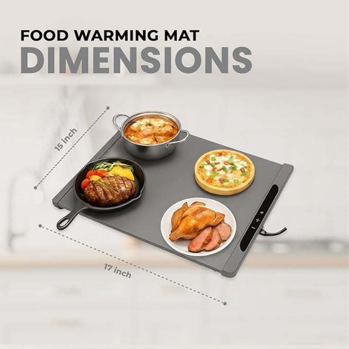 17"x15" Dark Gray Electric Food Warming Silicone Mat - 10 sec Fast & Even Heating Tray - Upto 10 Hrs Timer, 50-100°C Adjustable Temp, Child Lock & Safety Edge - Portable Kitchen Countertop Warmer Pad
