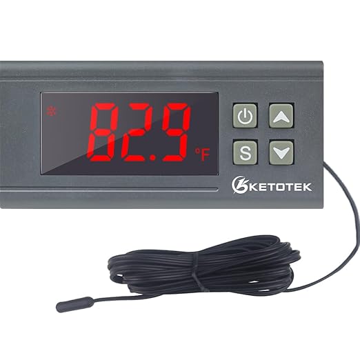 KETOTEK Digital Temperature Controller AC110V 10A Fahrenheit Thermostat with 2m Waterproof Sensor 2 Relays Heating Cooling Incubator