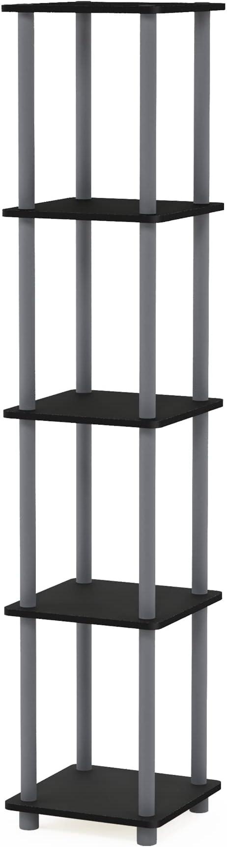 Furinno Turn-N-Tube Storage Shelves, 5-Tier Square Book Shelf, Corner Shelf, Toolless Open Shelves, Round Tubes, for Organization and Storage, Living Room, Garage, Home Office, Black