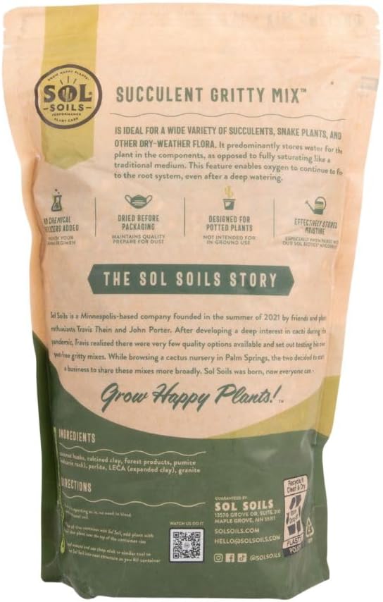 Sol Soils Succulent Gritty Mix - Fast Draining, Peat Moss Free, Perlite - 2 Quarts - Coconut Husk, Pumice