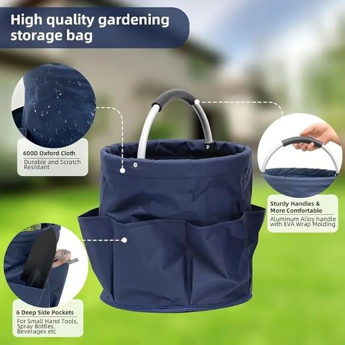 Gardening Tote Bag,Foldable Garden Tool Storage Bag Tool Organizer with 6 Exterior Pockets Wear-resistant & Reusable for Camping Picnicing Gardening Yard Lawn Work (Green)