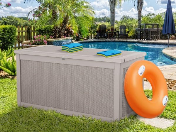 Vixzen 320 Gallon Resin Deck Box, Lockable Outdoor Storage Box for Patio Cushions Storage Furniture,Garden Tools, Pool Supplies, Weatherproof and UV Resistant（Grey，320 Gallon）