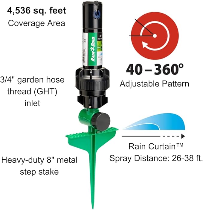 Rain Bird 42SASPG 42SA Gear Drive Rotor Lawn and Garden Sprinkler on Heavy Duty Green Spike, Adjustable 40° - 360° Pattern, 26' - 38' Spray Distance