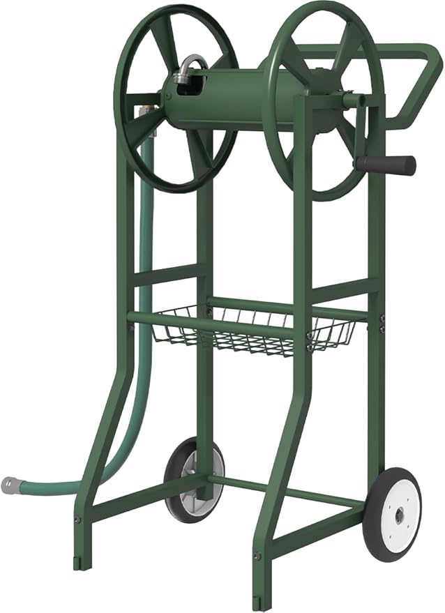 Garden Hose Reel Cart with Wheels, Outdoor Heavy Duty Powder Coated Steel Water Winder Storage Holds 125 ft 5/8" Hose with 3.9ft Leader Hose and Basket for Backyard, Yard, Lawn, Green