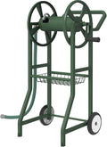 Garden Hose Reel Cart with Wheels, Outdoor Heavy Duty Powder Coated Steel Water Winder Storage Holds 125 ft 5/8" Hose with 3.9ft Leader Hose and Basket for Backyard, Yard, Lawn, Green