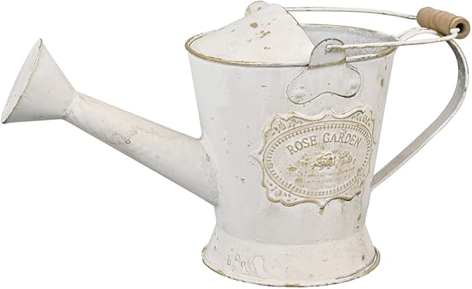 Vintage Metal Watering Can with Wooden Handle, Watering Can for Indoor/Outdoor Plants, Shabby Chic Decor for Home Balcony Courtyard Garden White