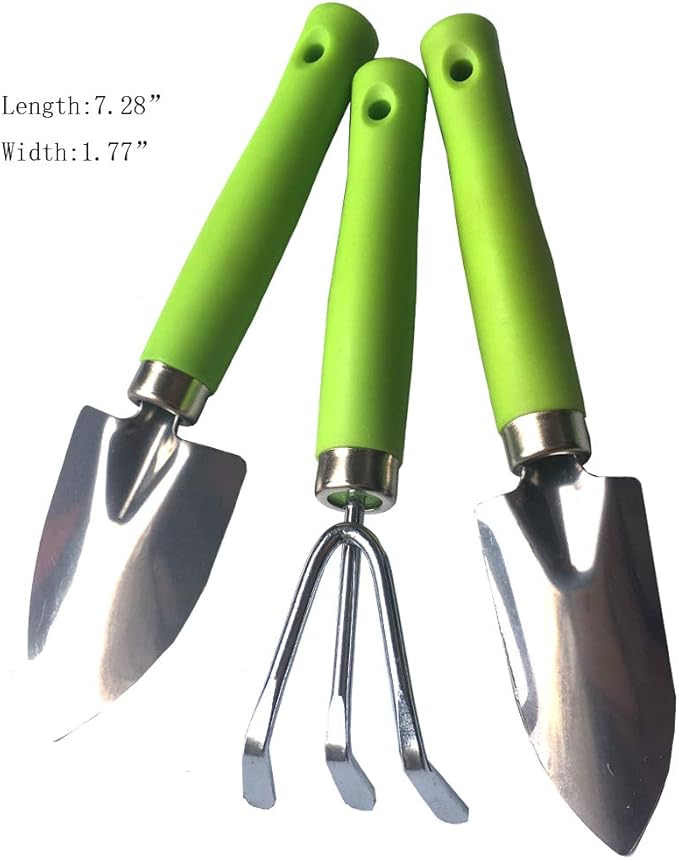 Mini Kids Garden Tool Set for Toddler with Trowel, Cultivator, Transplanter 3 Piece Mental Hand Tools (Green)