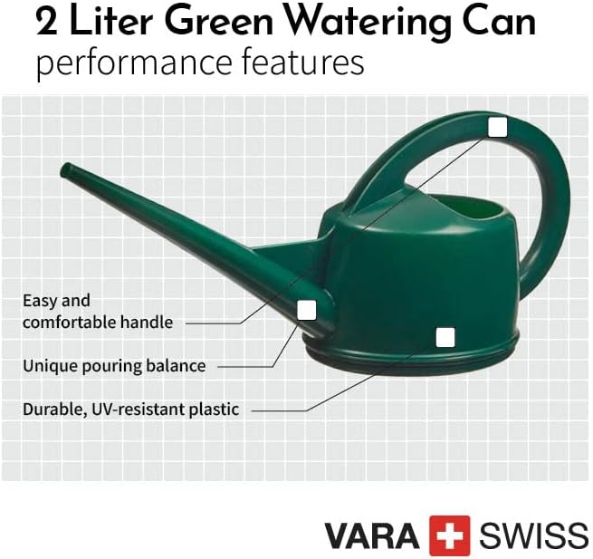 Consolidated Plastics Durable Swiss Watering Can with UV Protection, Ergonomic Handle for Indoor/Outdoor Gardening, Made in Switzerland (2 Liter, Green)