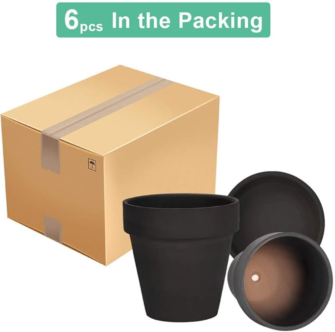 vensovo Black Terracotta & Clay Pots with Saucer - 6 Pack 5 Inch Terra Cotta Pot Ceramic Pottery Planter Cactus Flowerpots Drainage Hole, Great for Plants, Crafts and Wedding Favor