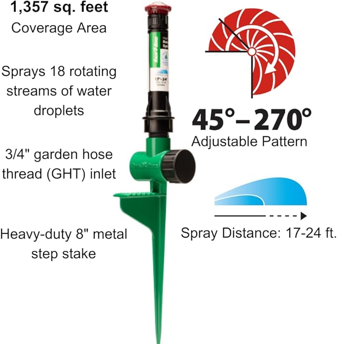Rain Bird RVANSP Hose-End High-Efficiency Pro Rotary Sprinkler on Large Metal Spike, Hand Adjustable, 45° - 270° Pattern, 17' - 24' Spray Distance