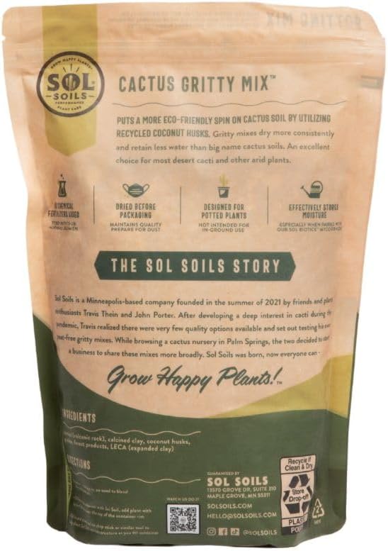 Sol Soils Cactus Soil Potting Mix - Fast Draining, Peat Moss Free, Gritty - 1 Quart - Coconut Husk, Granite, Calcined Clay, Pumice