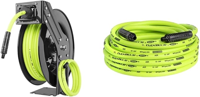 Flexzilla Open Face Retractable Air Hose Reel, 3/8 in. x 50 ft., Heavy Duty, ZillaGreen - L8611FZ & Air Hose, 3/8 in. x 50 ft., 1/4 in. MNPT Fittings, Heavy Duty, Lightweight, Hybrid, ZillaGreen