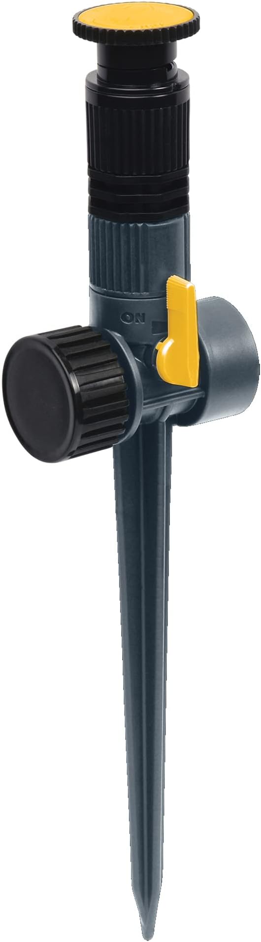 Melnor 65185AMZ Multi-Adjustable Spike Sprinkler, 3-Pack W/Quick Connect Bundle, Flow Through Base, Black, Grey, Yellow