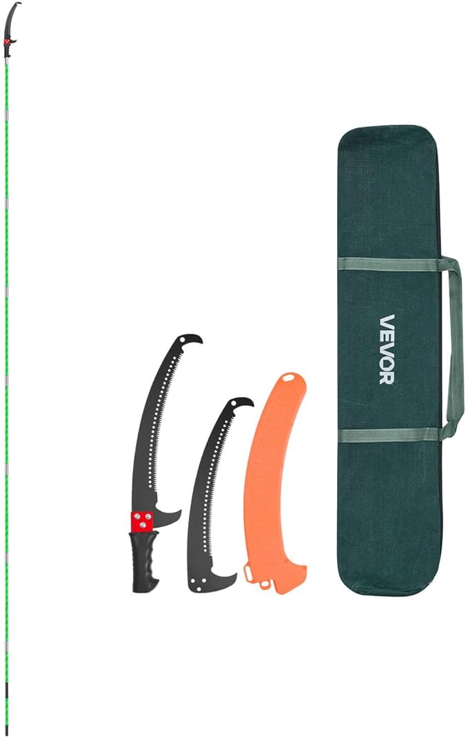 VEVOR Manual Pole Saw, 3.87-27 ft Extendable Pole Tree Pruner, Sharp 65Mn Steel Blade, Lightweight Fiberglass Handle Pole, Double-Hook Saw for High Branch Trimming, Pruning Tool for Palms, Shrubs