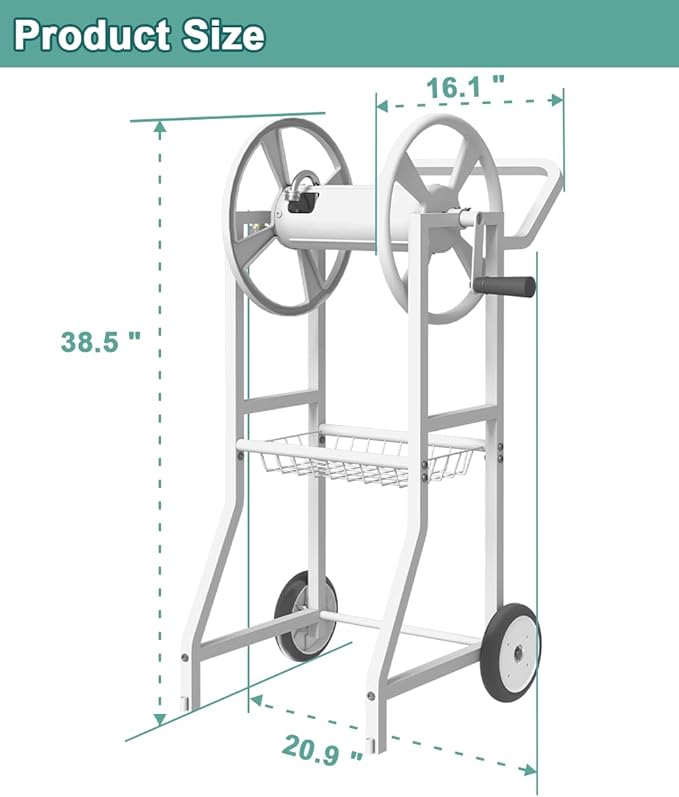 Garden Hoses Reel Cart with Wheels, Outdoor Heavy Duty Powder Coated Steel Water Winder Storage Holds 125 ft 5/8" Hose with 3.9ft Leader Hose and Basket for Backyard, Yard, Lawn, White