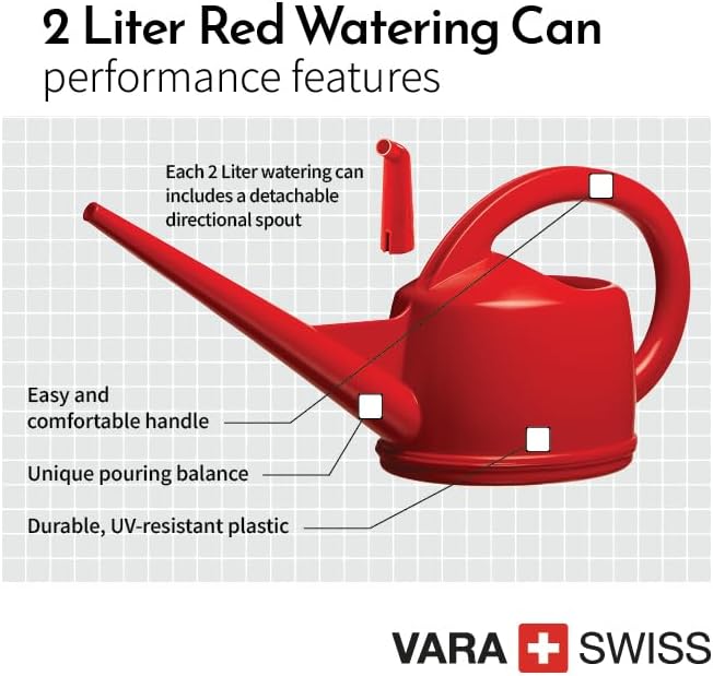 Consolidated Plastics Durable Swiss Watering Can with UV Protection, Ergonomic Handle for Indoor/Outdoor Gardening, Made in Switzerland (2 Liter) (Red)