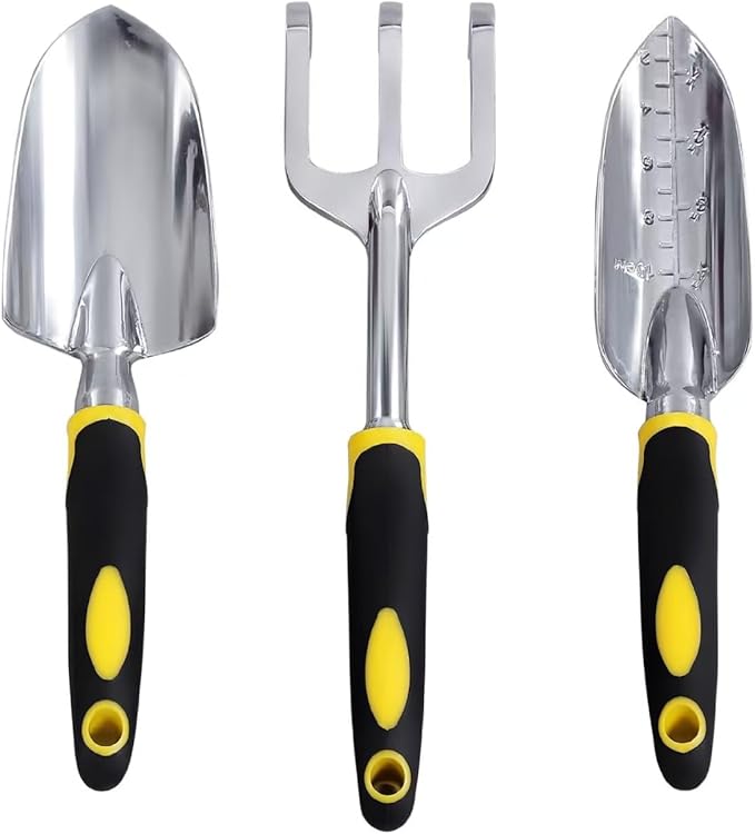 Garden Tool Set, 3 Pack Aluminum Heavy Duty, Hand Trowel, Transplant Trowel, Cultivator Hand Rake, Yellow, Manual, Soft Rubberized Non-Slip Ergonomic Handle
