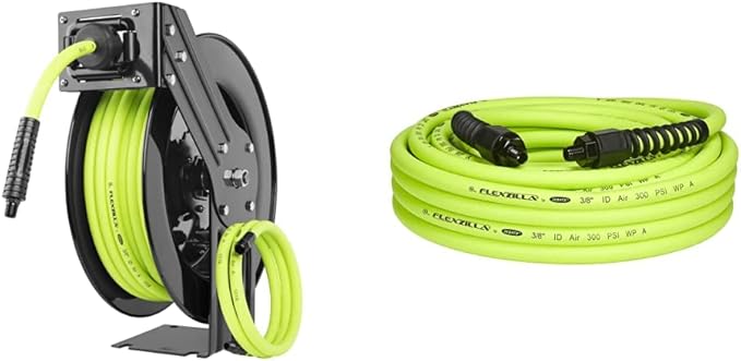 Flexzilla Open Face Retractable Air Hose Reel, 3/8 in. x 50 ft., Heavy Duty, Lightweight, Hybrid, ZillaGreen - L8611FZ & Pro Air Hose, 3/8 in. x 50 ft, Heavy Duty, Lightweight, Hybrid, ZillaGreen