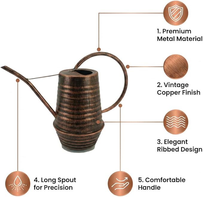 Small Watering Can, 0.3 Gallon/34oz., Copper, Galvanized, Indoor Water Can, Metal Watering Can with Long Spout, Plant Water Can for Indoor Plants