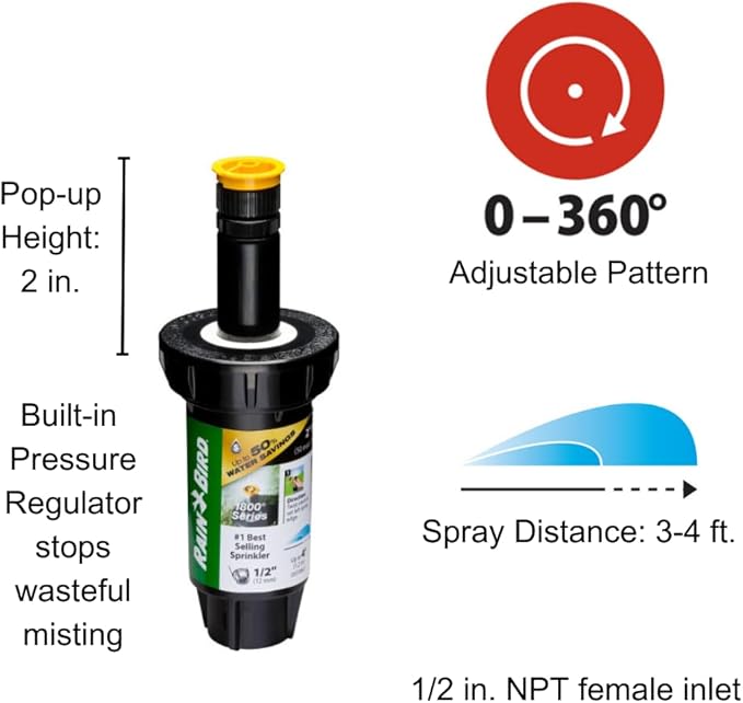Rain Bird 1802AP4PRS Pressure Regulating (PRS) Professional Pop-Up Sprinkler, Adjustable 0-360° Pattern, 3' - 4' Spray Distance, 2" Pop-up Height