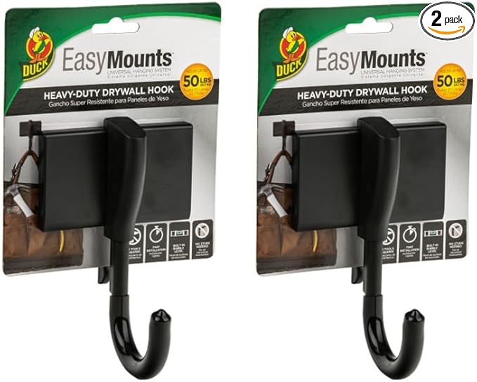 Duck Brand EasyMounts Garage Hooks Heavy Duty Wall Mount Hanging - Black, 2-Pack