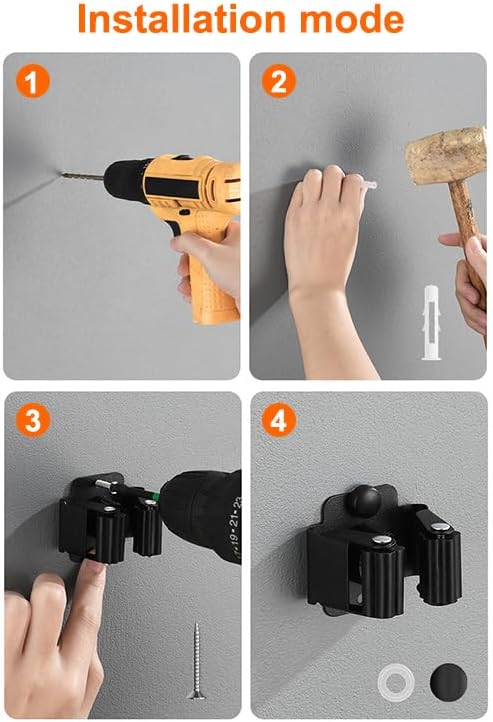 AKOAK Broom and Mop Rack Holder, Wall Storage Organizer, Screw Mount, Garden Tool Organizer Stainless Steel Mop Rack, Home, Kitchen, Bathroom, Garden, Garage Storage (4 PCS, Black+Silver)
