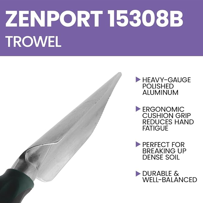 Zenport 15308B Aluminum Digging Trowel, Ergonomic Cushion Grip , Black