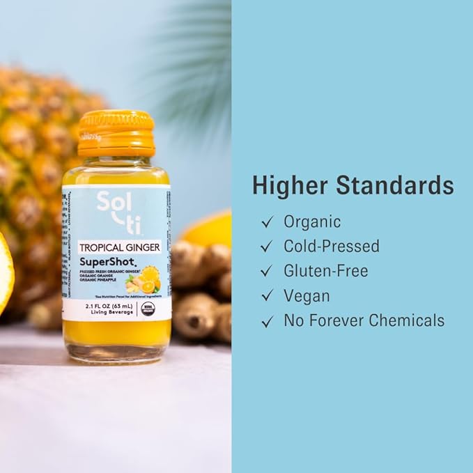 Sol-ti Organic Tropical Ginger SuperShot Drink, Aids in Collagen Production and Promotes Skin Elasticity, SuperFood, Cold-Pressed Fruit Juice Blend, 12 Pack (2.1 Fl oz)