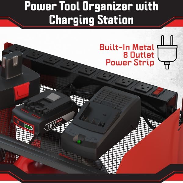 Power Tool Organizer Wall Mount with Charging Station - 4 Drill Holder with 8 Outlet Power Strip - Garage Organizer Tool Storage Rack by Stalwart