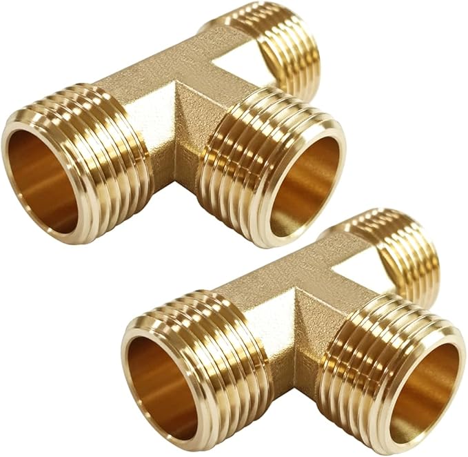 2PCS Brass 3/4 Inch GHT Tee Pipe Fitting 3/4" GHT Male x 3/4" GHT Male x 3/4" GHT Male for Garden Hose Threaded Tube Pipe Fittings