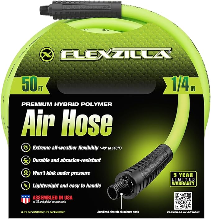 Flexzilla Air Hose 1/4 in x 50', 1/4 in. MNPT Fittings, Heavy Duty, Lightweight, Hybrid, ZillaGreen - HFZ1450YW2
