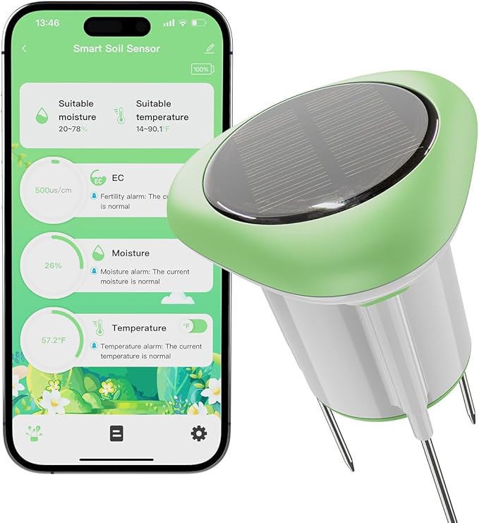 Smart 3-in-1 Soil Moisture/Temperature/Fertility Meter for Plant, Soil Test Kit for Garden/Farming/Lawn, GreenVation Digital Soil Sensor with Tuya/Smart Life APP Push Notification