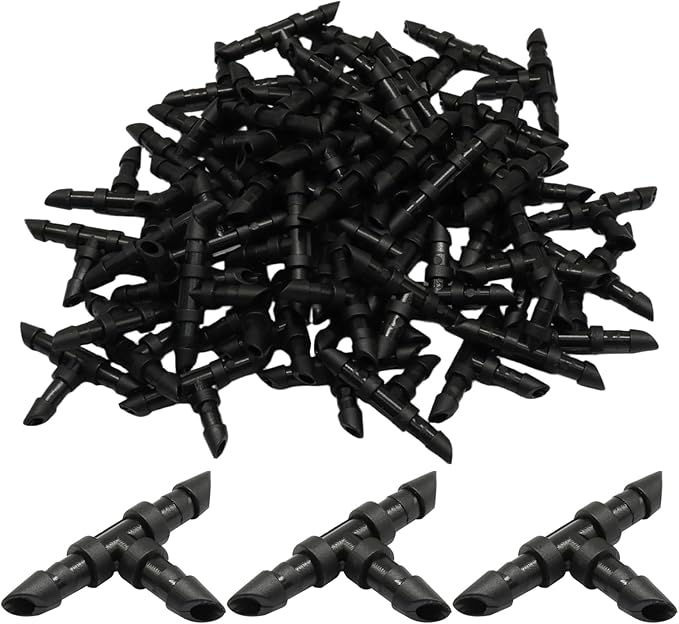 Drip Irrigation Tee Fittings Kits - 120 Pieces 1/4 Inch Barbed Connector Kit for Leak-Proof Garden Watering System, Robust Plastic Tube Fittings for Lawn, Greenhouse & Raised Beds (Black)