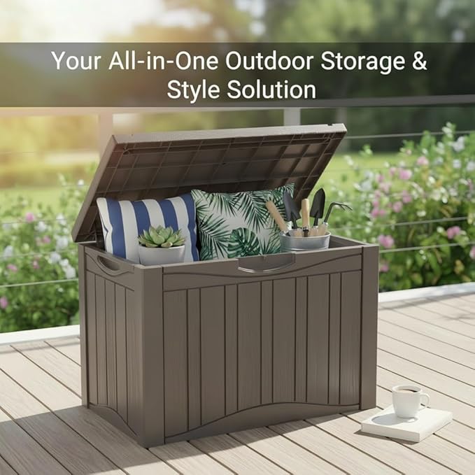 45 Gallon Deck Box, Outdoor Storage Chest with Lockable Lid - All-Weather, Water-Resistant for Patio Furniture Cushions, Garden Tools, Garage & Holiday Decor Organization