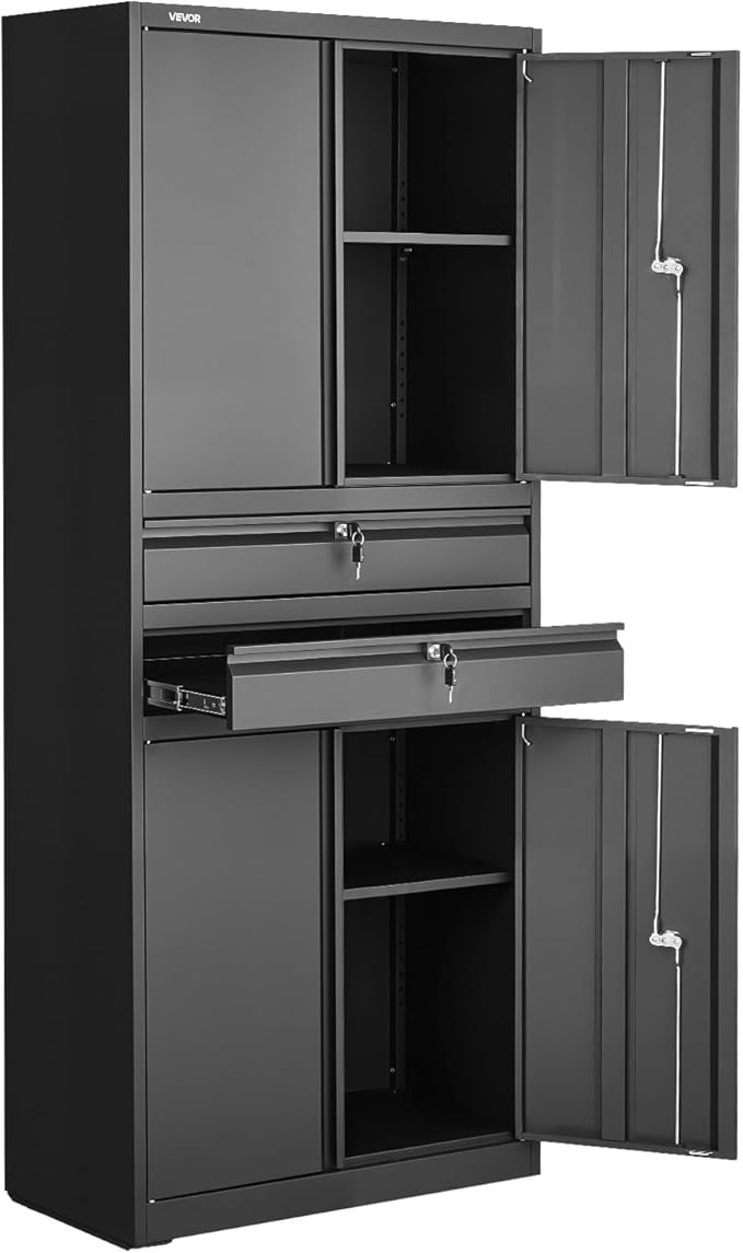 VEVOR Metal Storage Cabinet, 180 lbs Shelf Load Capacity, 70.87" Tall Garage Tool Storage Cabinet with 4 Locking Doors and Adjustable Shelves, 2 Drawers, for Garage, Home, Office, Utility Room, Black