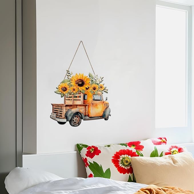 Quterhero Sunflower Truck Wall Decor, Metal Hanging Art for Home Porch or Indoor Outdoor Wall, Vintage Farmhouse Gift for Mom, Women, Friends(Yellow Truck)