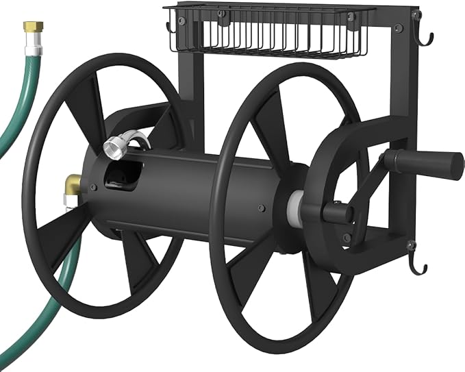 Outdoor Wall Mounted Hose Reel with Hook, Garden Heavy-Duty Water Holder Winder with 3.9 ft Leader Hoses, Brass Fitting and Storage Basket for Yard, Holds 125 Ft of 5/8-Inch Hose, Black