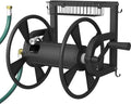 Outdoor Wall Mounted Hose Reel with Hook, Garden Heavy-Duty Water Holder Winder with 3.9 ft Leader Hoses, Brass Fitting and Storage Basket for Yard, Holds 125 Ft of 5/8-Inch Hose, Black