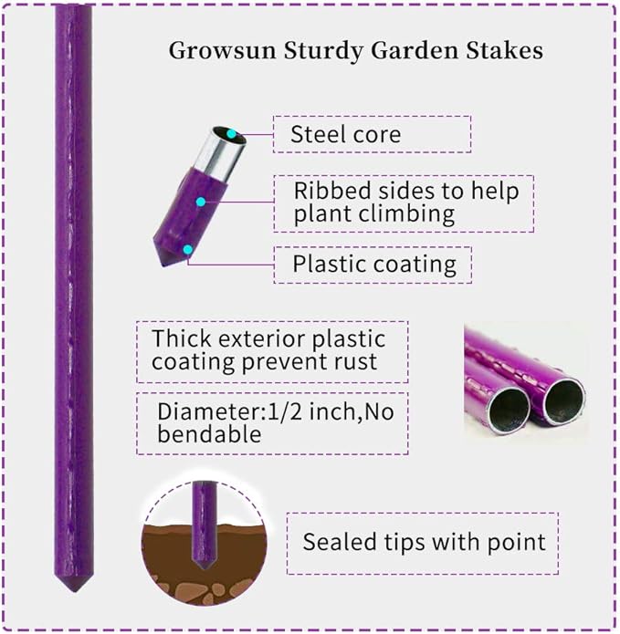 NO Splicing - 5ft Tall Tomato Cage 6-Pack Large Tomato Stakes Garden Plant Stakes Climbing Suports, 40 Clips and Plant Ties Include, Purple