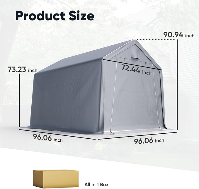 Quictent 8x8FT Outdoor Storage Shed Shelter with Roll-Up Mesh Windows, Heavy Duty Portable Garage for Motorcycle, Bike, Lawn Mower Waterproof Storage Tent with Reinforced Frame,Sliver Gray