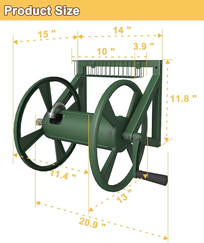 Triangle Wall Mounted Garden Hose Reel, Outdoor Heavy-Duty Water Hoses Holder Winder, Holds 125 Ft of 5/8-Inch Hose, with 3.9 ft Leader Hose, Brass Fitting, Storage Basket for Yard, Green