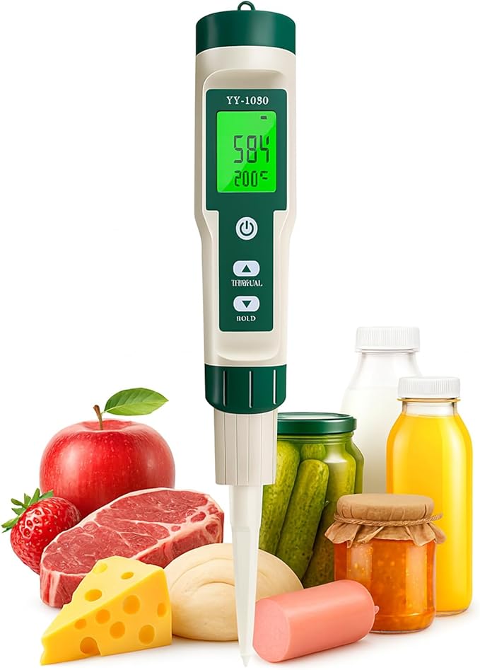 Digital pH Meter for Food, pH Tester Probe for Sourdough Bread Dough, Meat, Cheese, Fruit, Cosmetics, Water, Smart Lab pH Test kit Pen with ATC, Temperature Backlit Display for Solids Liquids Soil