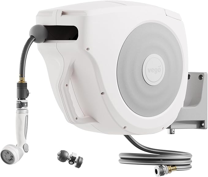 Vego Garden Hose Reel Retractable 1/2" x 100ft Wall Mounted Hose Reel Automatic Rewind, Any Length Lock with 9 Patterns Sprayer Nozzle, Quick Connector and Adjustable shot Nozzle