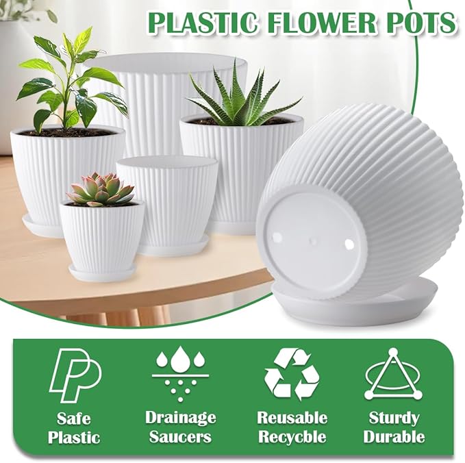 RooTrimmer 7.5/6.5/5.5/4.9/4.2/3.5 Inch Plant Pots with Drainage Holes and Saucer, Plastic Flower Pots for Indoor Plants, Lightweight Planter Pots for Plants, White