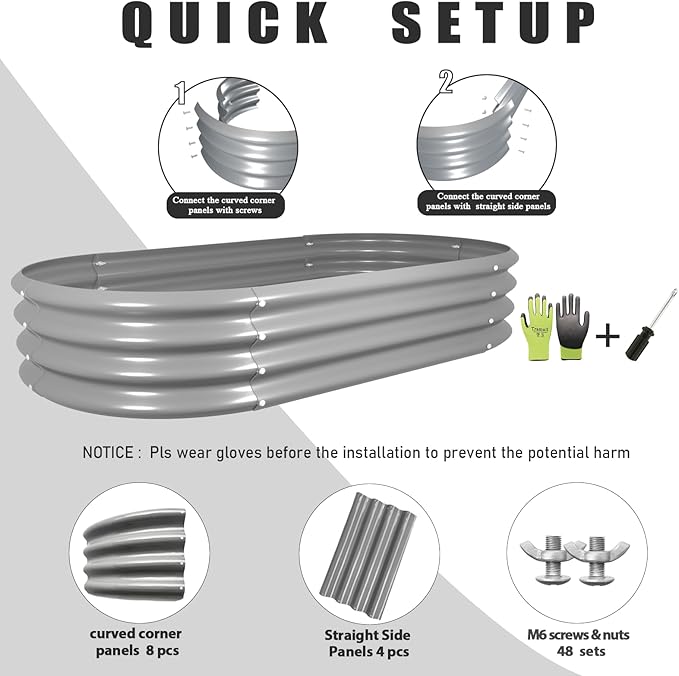 6 Pack 4x2x1ft Galvanized Raised Garden Bed Kit Oval Metal Ground Planter Box Outdoor Bottomless Planter Raised Beds for Vegetables Flowers Herbs Fruits, Gray