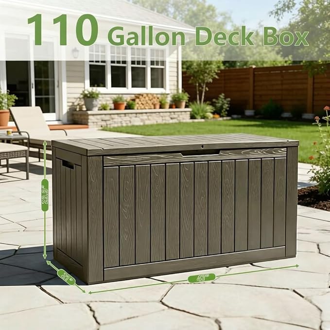 Oudoor Storage Deck Boxes Waterproof, Waterproof and UV Resistant Outdoor Storage Box Lockable Lid for Delivery Box, Indoor, Garden Tools, Pool Supplies, Patio (Grey, 110 Gallon)