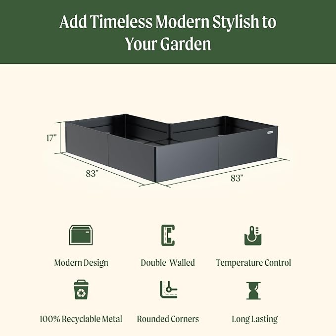 Vego garden Raised Garden Bed, 17" Tall 83" x 83" L-Shaped Modern Raised Garden Beds Kit, Metal Planter Box for Vegetables, Flowers & Fruits, Urban Charcoal